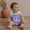 imageKuriozud Newborn Baby Girl Halloween Outfit Smocked Bubble Romper Short Sleeve Jumpsuit Cute Infant Girl Fall ClothesPlaid Boo Purple