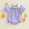 imageKuriozud Newborn Baby Girl Halloween Outfit Smocked Bubble Romper Short Sleeve Jumpsuit Cute Infant Girl Fall ClothesPlaid Boo Purple