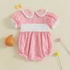 imageKuriozud Newborn Baby Girl Halloween Outfit Smocked Bubble Romper Short Sleeve Jumpsuit Cute Infant Girl Fall ClothesPlaid Ghost Pink
