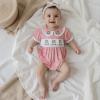 imageKuriozud Newborn Baby Girl Halloween Outfit Smocked Bubble Romper Short Sleeve Jumpsuit Cute Infant Girl Fall ClothesPlaid Ghost Pink