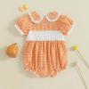imageKuriozud Newborn Baby Girl Halloween Outfit Smocked Bubble Romper Short Sleeve Jumpsuit Cute Infant Girl Fall ClothesPlaid Pumpkin Orange