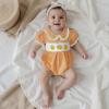imageKuriozud Newborn Baby Girl Halloween Outfit Smocked Bubble Romper Short Sleeve Jumpsuit Cute Infant Girl Fall ClothesPlaid Pumpkin Orange