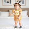 imageKuriozud Newborn Baby Girl Halloween Outfit Smocked Bubble Romper Short Sleeve Jumpsuit Cute Infant Girl Fall ClothesPlaid Pumpkin Orange