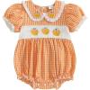 imageKuriozud Newborn Baby Girl Halloween Outfit Smocked Bubble Romper Short Sleeve Jumpsuit Cute Infant Girl Fall ClothesPlaid Pumpkin Orange