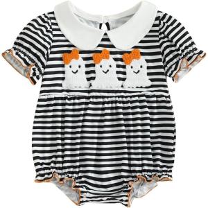 imageKuriozud Newborn Baby Girl Halloween Outfit Smocked Bubble Romper Short Sleeve Jumpsuit Cute Infant Girl Fall ClothesGhost Black