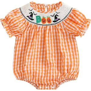 imageKuriozud Newborn Baby Girl Halloween Outfit Smocked Bubble Romper Short Sleeve Jumpsuit Cute Infant Girl Fall ClothesPlaid Boo Orange