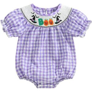 imageKuriozud Newborn Baby Girl Halloween Outfit Smocked Bubble Romper Short Sleeve Jumpsuit Cute Infant Girl Fall ClothesPlaid Boo Purple