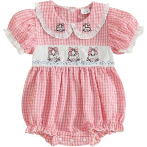 imageKuriozud Newborn Baby Girl Halloween Outfit Smocked Bubble Romper Short Sleeve Jumpsuit Cute Infant Girl Fall ClothesPlaid Ghost Pink