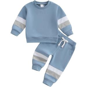 imageKuriozud Toddler Baby Boy Fall Winter Clothes Long Sleeve Crewneck Pullover Sweatshirt Jogger Pants Set 2 Piece OutfitStriped Color Block Blue