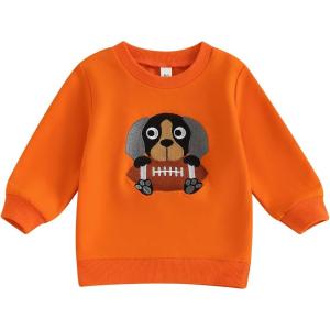 imageKuriozud Toddler Baby Boy Girl Football Outfit Pullover Sweatshirt Long Sleeve Crewneck Shirt Top Fall Winter ClothesDog Orange