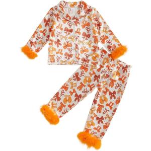 imageKuriozud Toddler Girl Halloween Pajamas Pumpkin Silk Satin Sleepwear Little Girls Bow Pjs Baby 2Pcs Halloween Pajama SetBow Orange