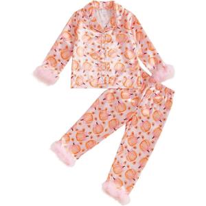 imageKuriozud Toddler Girl Halloween Pajamas Pumpkin Silk Satin Sleepwear Little Girls Bow Pjs Baby 2Pcs Halloween Pajama SetHalloween Pumpkin Pink