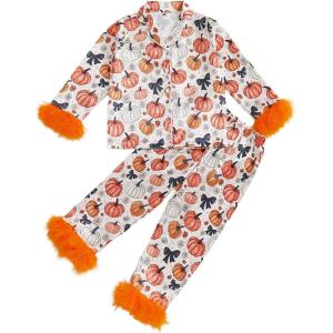 imageKuriozud Toddler Girl Halloween Pajamas Pumpkin Silk Satin Sleepwear Little Girls Bow Pjs Baby 2Pcs Halloween Pajama SetPumpkin Print Orange