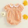 imageKuriozud Halloween Baby Clothes Newborn Ghost Embroidered Bubble Romper Short Sleeve Smocked Bodysuit First Halloween OutfitPumpkin Plaid Orange
