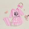 imageKuriozud Im New Here Newborn Outfit Girl Letter Romper Ruffle Tutu Bloomers Shorts Set Baby Girl Preemie Coming Home OutfitPink