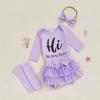 imageKuriozud Im New Here Newborn Outfit Girl Letter Romper Ruffle Tutu Bloomers Shorts Set Baby Girl Preemie Coming Home OutfitPurple