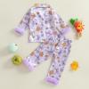 imageKuriozud Kids Toddler Girl Halloween Pajamas Fuzzy Trim Long Sleeve Button Down Shirt Top and Pants 2pcs Pjs Sets SleepwearFloral Pumpkin Bow Purple