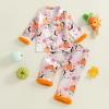 imageKuriozud Kids Toddler Girl Halloween Pajamas Fuzzy Trim Long Sleeve Button Down Shirt Top and Pants 2pcs Pjs Sets SleepwearFloral Pumpkin Ghost Pink