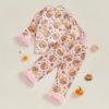 imageKuriozud Kids Toddler Girl Halloween Pajamas Fuzzy Trim Long Sleeve Button Down Shirt Top and Pants 2pcs Pjs Sets SleepwearFloral Pumpkin Pink