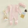 imageKuriozud Newborn Baby Girl Boy Footie Romper One Piece Jumpsuit Sleeper Infant ClothesStriped Ruffle Pink