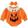 imageKuriozud Halloween Baby Clothes Newborn PumpkinTurkry Smocked Bubble Romper Velvet Onesie Cute Baby Girl Fall Winter ClothesHalloween Pumpkin Orange