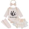 imageKuriozud Im New Here Newborn Outfit Girl Letter Romper Ruffle Tutu Bloomers Shorts Set Baby Girl Preemie Coming Home OutfitBeige