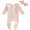 imageKuriozud Newborn Baby Girl Boy Footie Romper One Piece Jumpsuit Sleeper Infant ClothesStriped Ruffle Pink