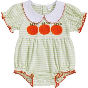 imageKuriozud Halloween Baby Clothes Newborn Ghost Embroidered Bubble Romper Short Sleeve Smocked Bodysuit First Halloween OutfitPumpkin Embroidery Green