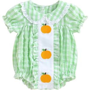 imageKuriozud Halloween Baby Clothes Newborn Ghost Embroidered Bubble Romper Short Sleeve Smocked Bodysuit First Halloween OutfitPumpkin Plaid Green