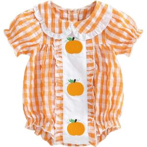 imageKuriozud Halloween Baby Clothes Newborn Ghost Embroidered Bubble Romper Short Sleeve Smocked Bodysuit First Halloween OutfitPumpkin Plaid Orange