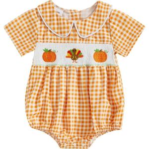 imageKuriozud Halloween Baby Clothes Newborn Ghost Embroidered Bubble Romper Short Sleeve Smocked Bodysuit First Halloween OutfitPumpkin Turkey Embroidery Orange