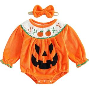 imageKuriozud Halloween Baby Clothes Newborn PumpkinTurkry Smocked Bubble Romper Velvet Onesie Cute Baby Girl Fall Winter ClothesHalloween Pumpkin Orange