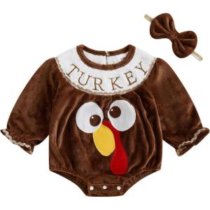 imageKuriozud Halloween Baby Clothes Newborn PumpkinTurkry Smocked Bubble Romper Velvet Onesie Cute Baby Girl Fall Winter ClothesTurkey Brown