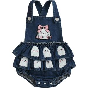 imageKuriozud Halloween Baby Girl Outfit Denim Jeans Romper PumpkinGhost Onesie Overall Bodysuit Infant First Halloween ClothesBoo