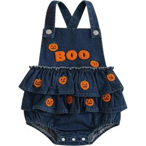 imageKuriozud Halloween Baby Girl Outfit Denim Jeans Romper PumpkinGhost Onesie Overall Bodysuit Infant First Halloween ClothesPumpkin