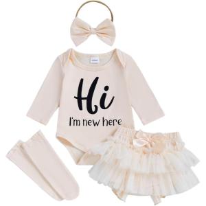 imageKuriozud Im New Here Newborn Outfit Girl Letter Romper Ruffle Tutu Bloomers Shorts Set Baby Girl Preemie Coming Home OutfitBeige