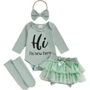 imageKuriozud Im New Here Newborn Outfit Girl Letter Romper Ruffle Tutu Bloomers Shorts Set Baby Girl Preemie Coming Home OutfitGreen