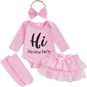 imageKuriozud Im New Here Newborn Outfit Girl Letter Romper Ruffle Tutu Bloomers Shorts Set Baby Girl Preemie Coming Home OutfitPink