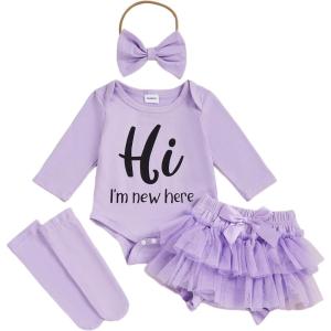 imageKuriozud Im New Here Newborn Outfit Girl Letter Romper Ruffle Tutu Bloomers Shorts Set Baby Girl Preemie Coming Home OutfitPurple
