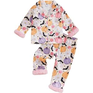 imageKuriozud Kids Toddler Girl Halloween Pajamas Fuzzy Trim Long Sleeve Button Down Shirt Top and Pants 2pcs Pjs Sets SleepwearFloral Pumpkin Bat Apricot