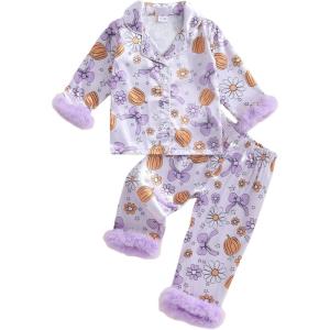 imageKuriozud Kids Toddler Girl Halloween Pajamas Fuzzy Trim Long Sleeve Button Down Shirt Top and Pants 2pcs Pjs Sets SleepwearFloral Pumpkin Bow Purple