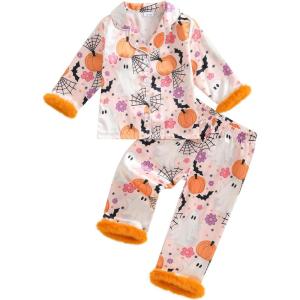 imageKuriozud Kids Toddler Girl Halloween Pajamas Fuzzy Trim Long Sleeve Button Down Shirt Top and Pants 2pcs Pjs Sets SleepwearFloral Pumpkin Ghost Pink
