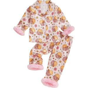 imageKuriozud Kids Toddler Girl Halloween Pajamas Fuzzy Trim Long Sleeve Button Down Shirt Top and Pants 2pcs Pjs Sets SleepwearFloral Pumpkin Pink