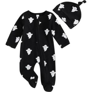 imageKuriozud My First Halloween Baby Girl Boy Outfit Newborn Pumpkin Jumpsuit Romper Halloween Footie Pajamas Coming Home OutfitBaby Boy Ghost Jumpsuit Black
