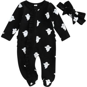 imageKuriozud My First Halloween Baby Girl Boy Outfit Newborn Pumpkin Jumpsuit Romper Halloween Footie Pajamas Coming Home OutfitBaby Girl Ghost Jumpsuit Black