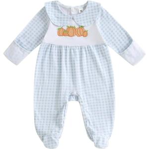 imageKuriozud My First Halloween Baby Girl Boy Outfit Newborn Pumpkin Jumpsuit Romper Halloween Footie Pajamas Coming Home OutfitPumpkin Embroidery Blue