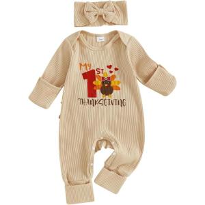 imageKuriozud My First Halloween Outfit Baby Girl Ghost Romper Pumpkin Onesie Newborn Preemie Girl Pajamas Thanksgiving ClothesThanksgiving Beige