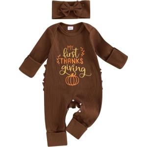 imageKuriozud My First Halloween Outfit Baby Girl Ghost Romper Pumpkin Onesie Newborn Preemie Girl Pajamas Thanksgiving ClothesThanksgiving Brown