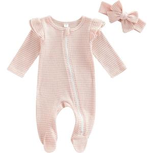 imageKuriozud Newborn Baby Girl Boy Footie Romper One Piece Jumpsuit Sleeper Infant ClothesStriped Ruffle Pink