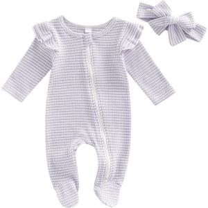 imageKuriozud Newborn Baby Girl Boy Footie Romper One Piece Jumpsuit Sleeper Infant ClothesStriped Ruffle Purple